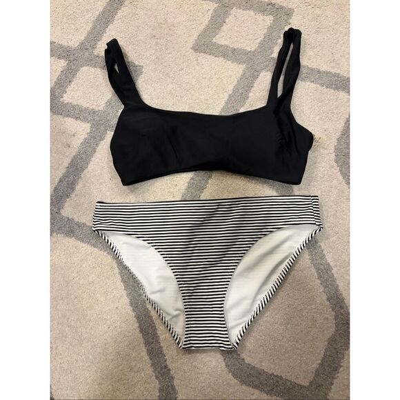 aerie Other - NWT Aerie Black Scoop Neck Bikini Top Black White Striped Bottoms Swim Set Size
